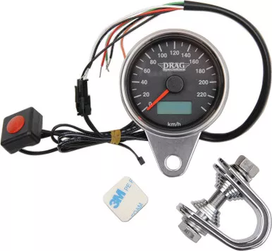 Drag Specialties 2.4″ KMH Programmable Mini Electronic Speedometer with Odometer/Tripmeter – Matte Black – Black Face-2210-0326
