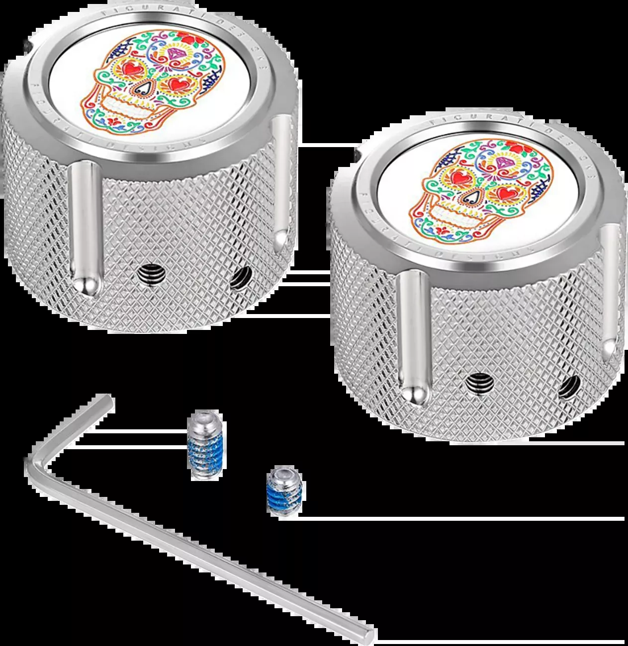 Figurati Designs Silver Sugar Skull Front Axle Nut Covers for 2002-2022 Harley