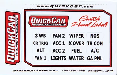 QuickCar Small Switch Panel Labels 16 Functions 3/16 x 9/16 inches 50-004