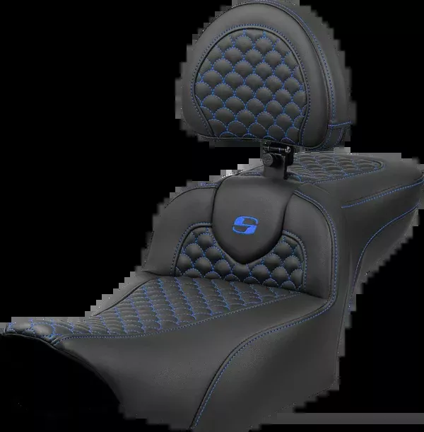 Saddlemen Roadsofa™ Extended Reach Seat – Dragon Scale Stitch – Blue Stitch – W/ Backrest – FLTR/FLHX ’23-’24