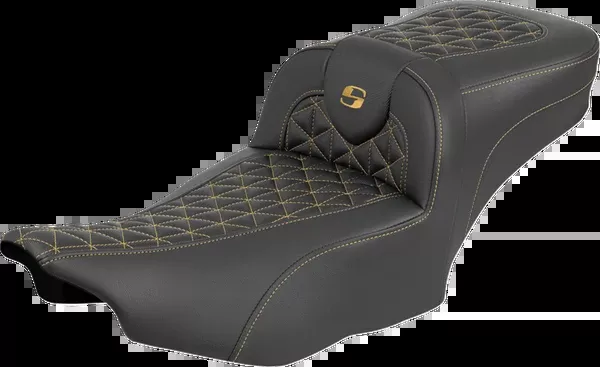 Saddlemen Roadsofa™ Extended Reach Seat – Without Backrest – Gold Stitch – FLH/FLT ’23-’25