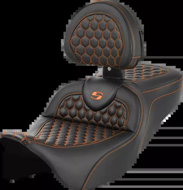 Saddlemen RoadSofa™ Seat – Honeycomb – Orange Stitch – With Backrest – FLH/FLT ’08-’23