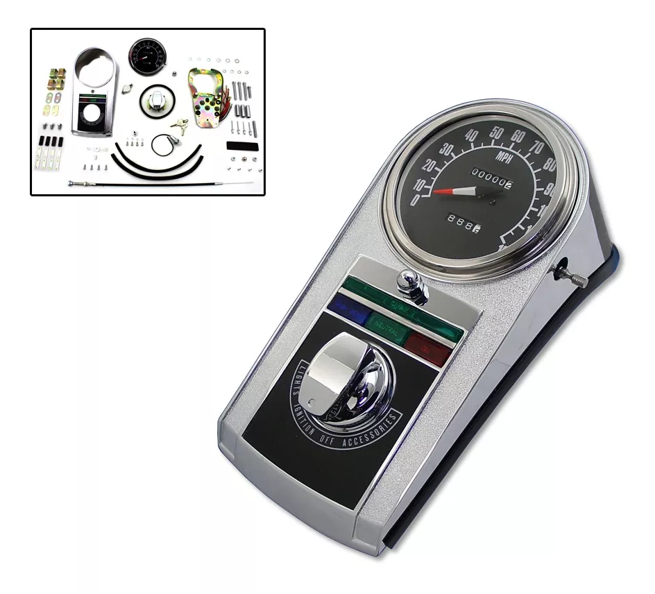 V-Twin Mfg. Cast Dash Panel Kit With 2:1 Ratio Speedometer For Harley FL / FX 1948-1983